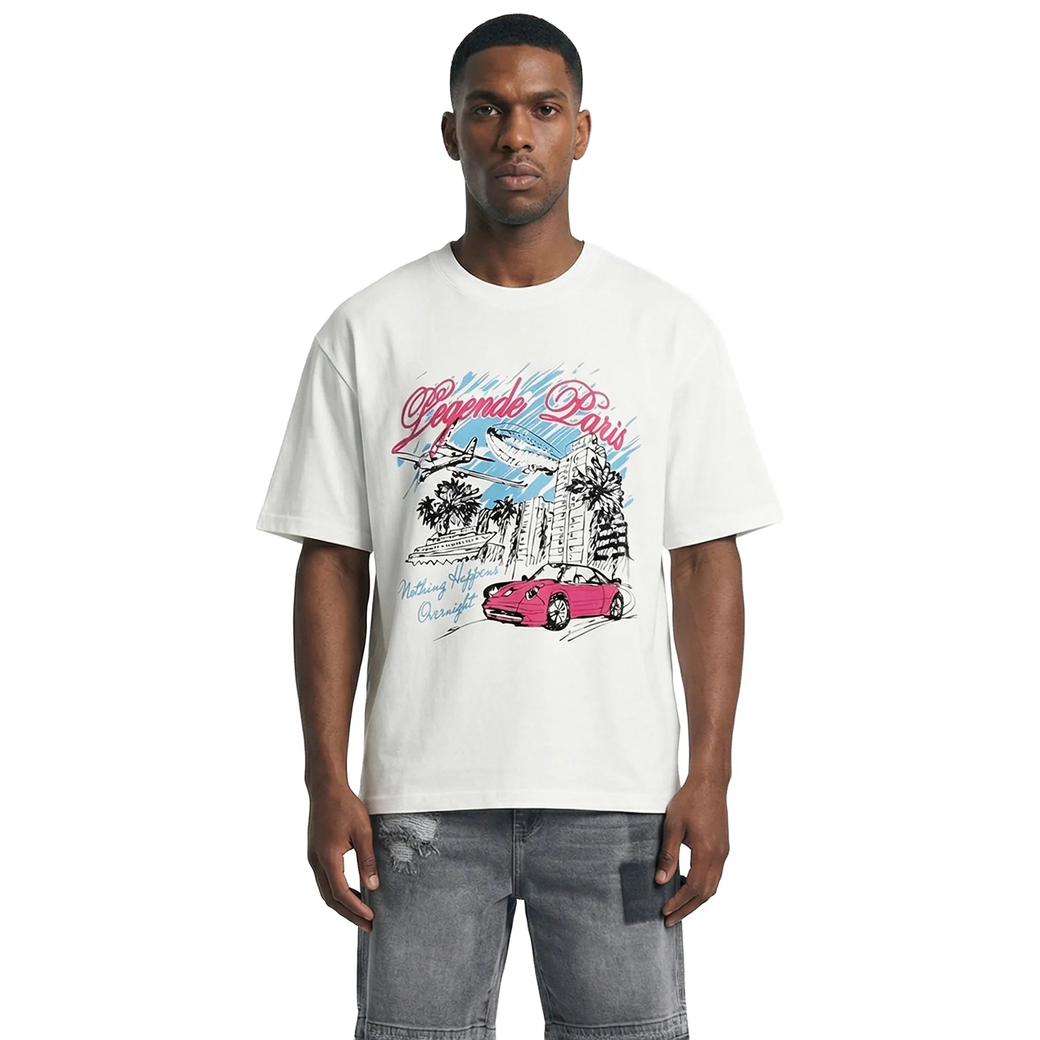 Front View of Légende Paris Overnight Sketch White T-Shirt